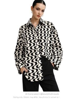 Black White Mod Wave Oversized Blouse M Fits L XL Retro Chic